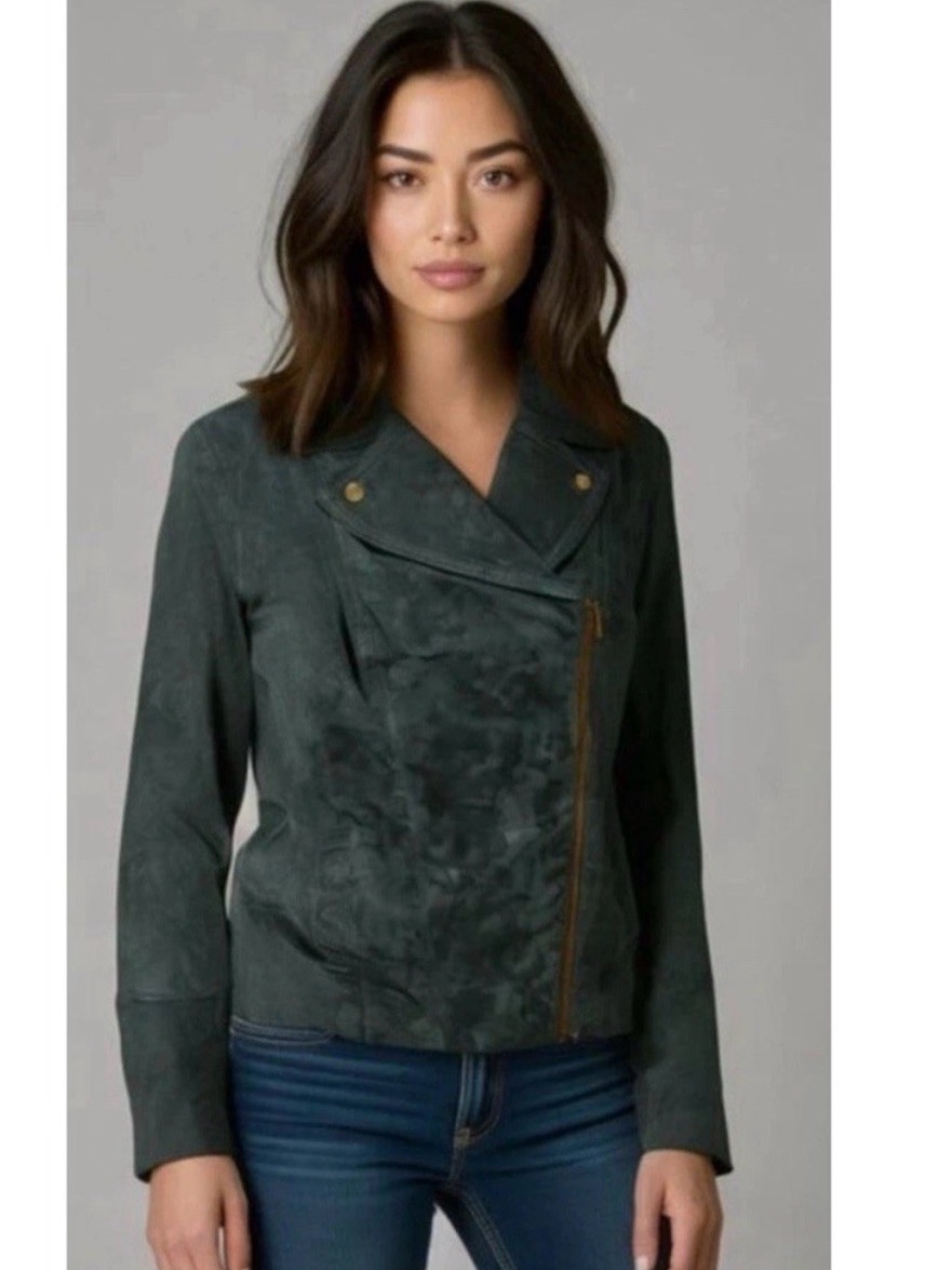 Isaac Mizrahi Teal Suede Moto Evergreen Jacket Size 10